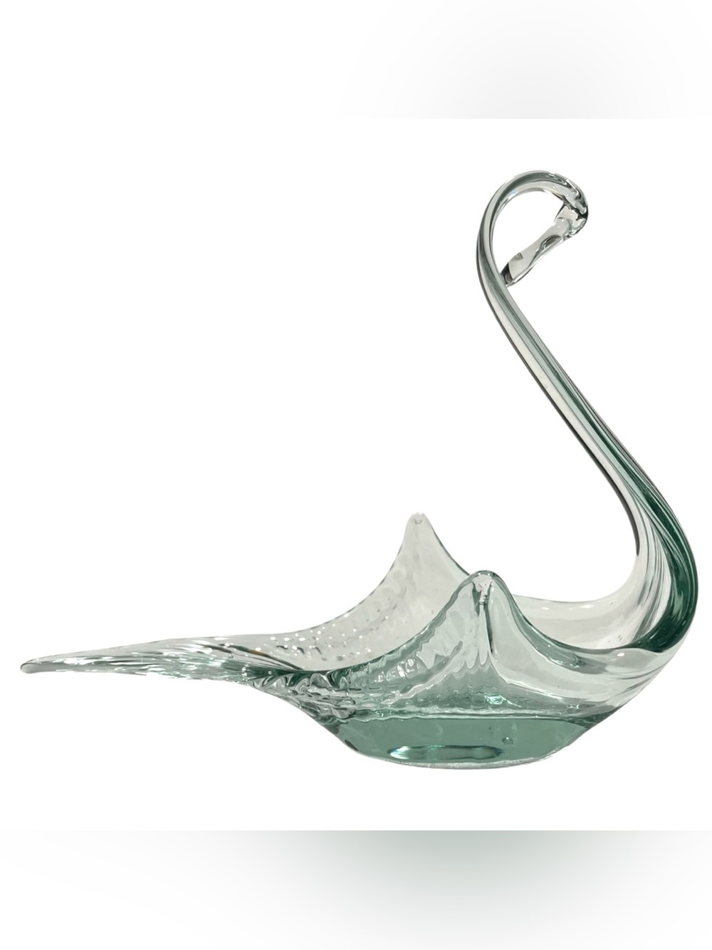 Vintage 1970s Spanish Recycled Art Glass Small Swan Dish - Green-Tinted